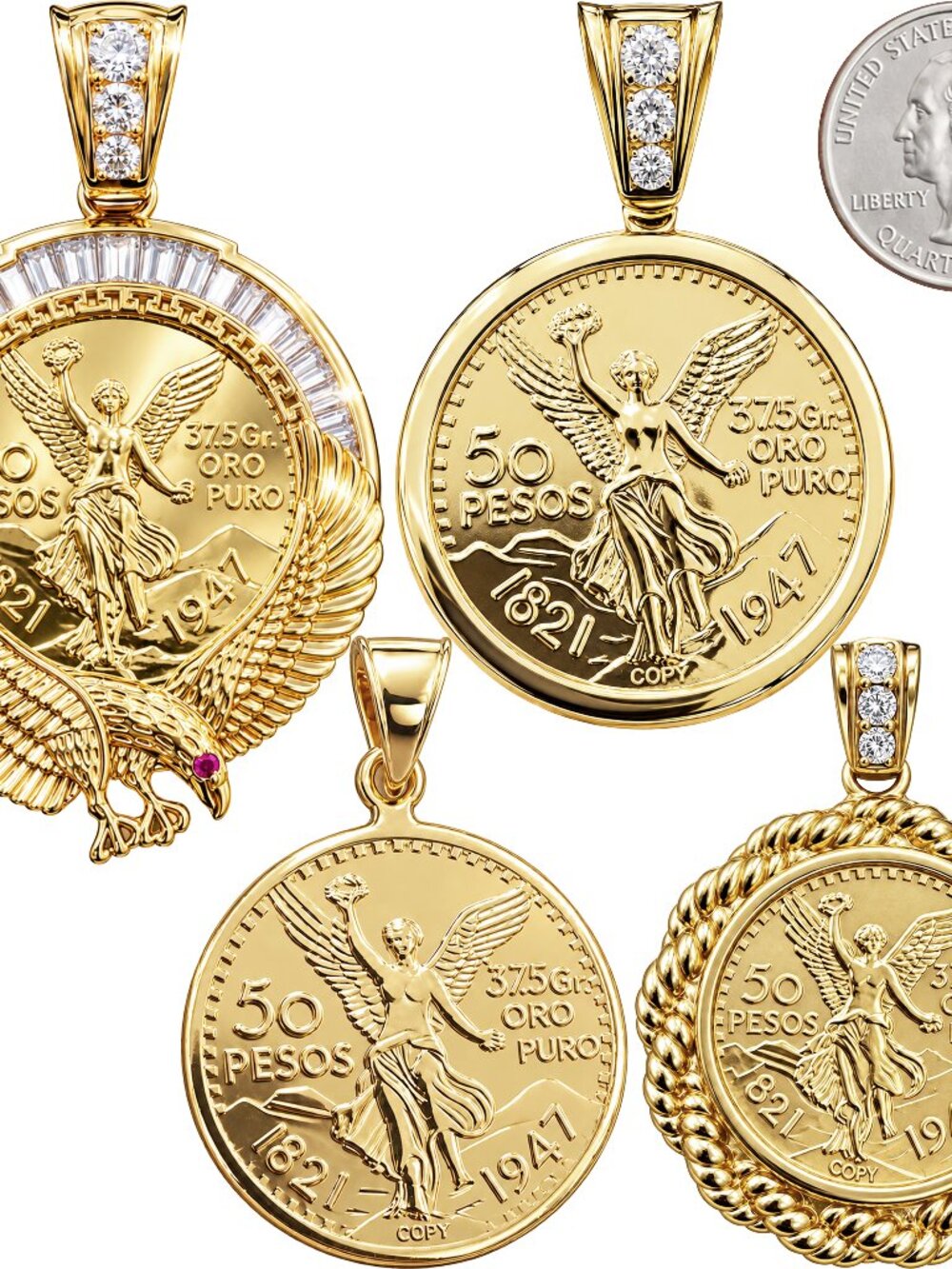 14k Yellow Gold Plated AAACubic Zirconia Mexican Centenario 50 Peso Coin Pendant